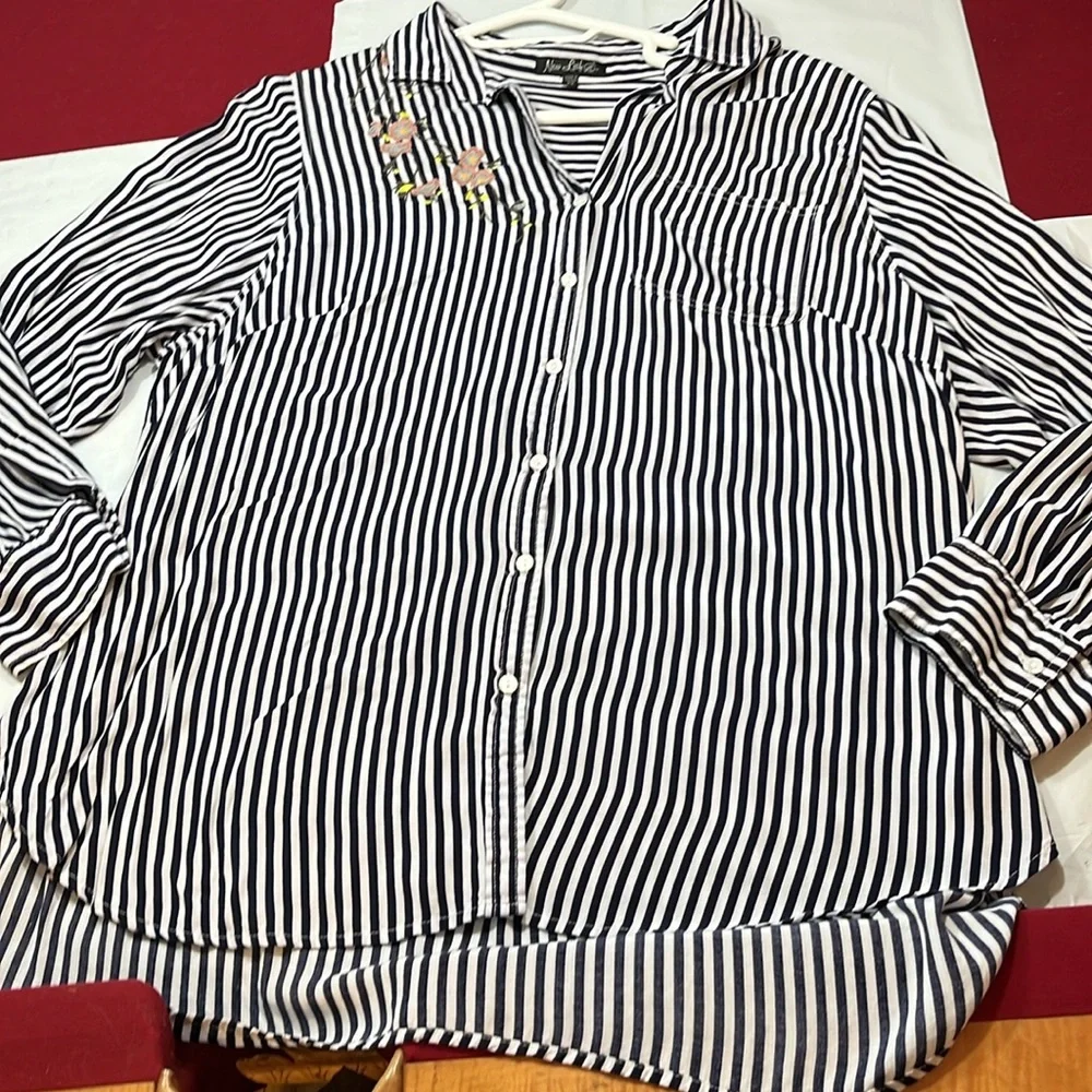 New leaf black vertical striped rayon BLOUSE pink blue floral embroidery 2XL XXL - Picture 4 of 14